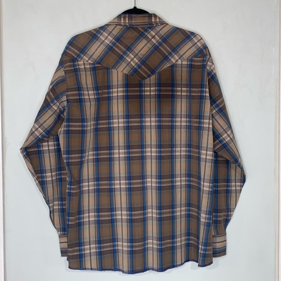 Vintage Wrangler Western Tan Embroidered Long Sleeve Blue Snap Button Shirt Sz L - Picture 3 of 16